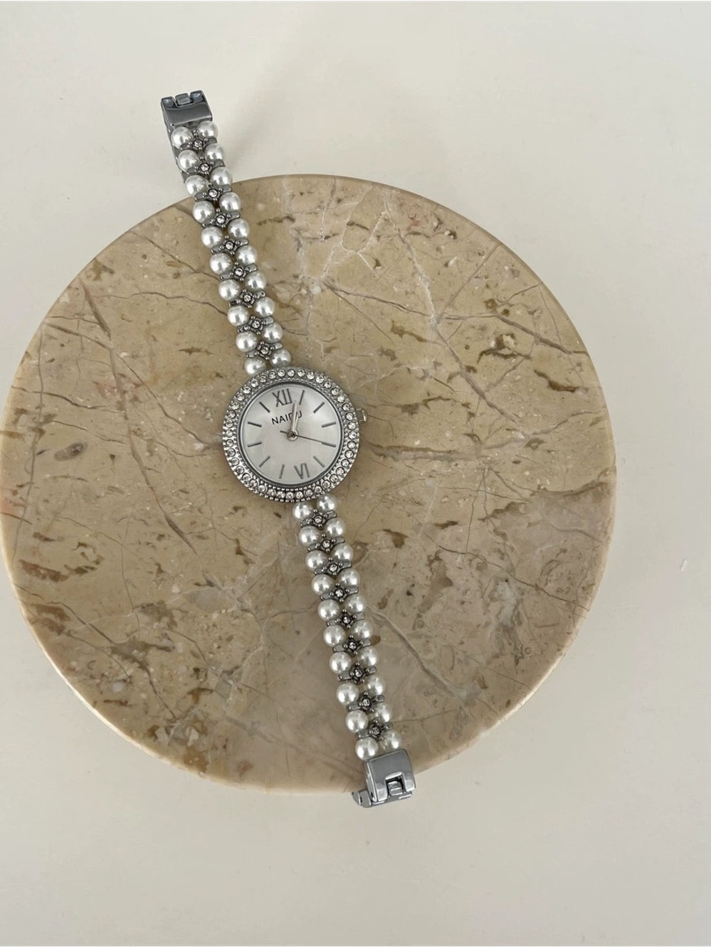 Luxe Silver Pearl-Link Watch with Crystal Bezel